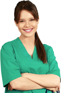 A woman in green scrubs with her arms crossed.